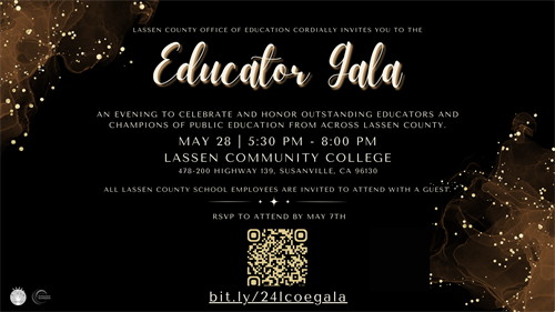 Invitation to the Educator Gala by Lassen County Office of Education featuring event details on a dark background with gold sparkles and a QR code.
